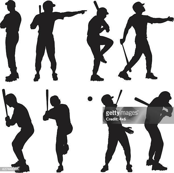baseball player in various actions - cricket player silhouette stock illustrations