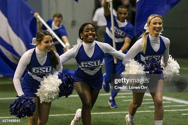 Georgia State Panthers cheerleaders cheer during first half action between the Georgia State Panthers and the Idaho Vandals on December 3, 2016 at...