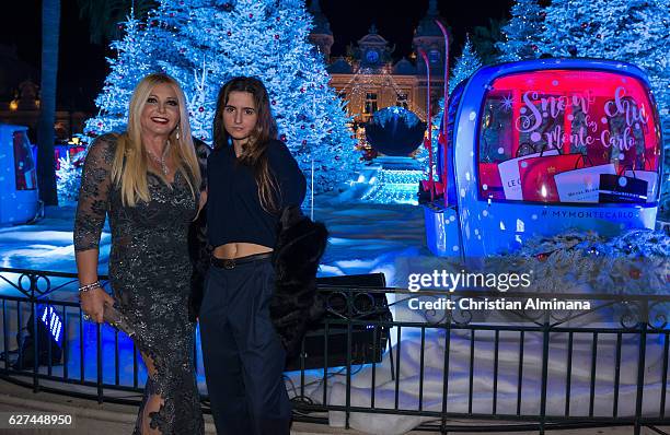 Lady Monika Del Campo Bacardi of Bayfield Hall and her daughter Maria Luisa pose at Monte Carlo Casino square as they are going to attend the Monaco...