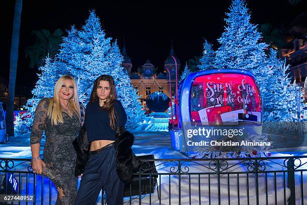 Lady Monika Del Campo Bacardi of Bayfield Hall and her daughter Maria Luisa pose at Monte Carlo Casino square as they are going to attend the Monaco...