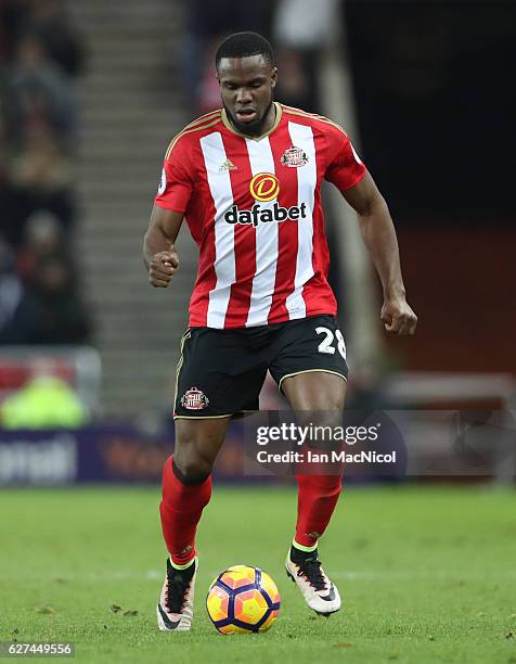 Victor Anichebe of Sunderland controls the ball during the Premier League match between Sunderland and Leicester City at Stadium of Light on December...