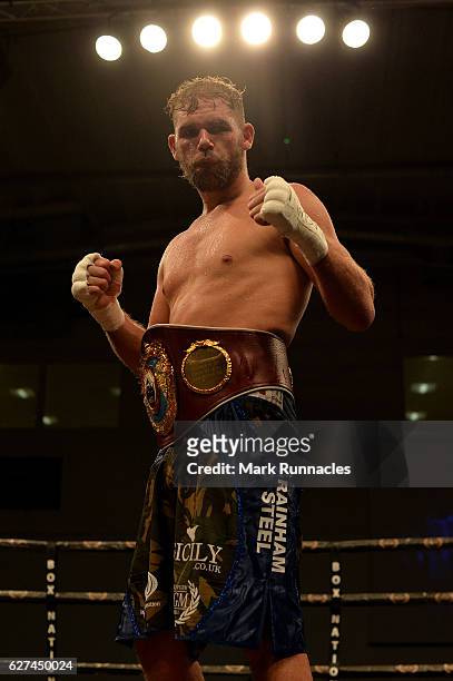 Billy Joe Saunders of England , celebrates after beating Artur Akavov of Russia during the first defence of his WBO Middleweight title at the Paisley...