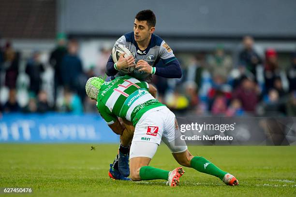Tiernan O'Halloran of Connacht tackled by Angelo Esposito of Benetton during the Guinness PRO12 Round 10 match between Connacht Rugby and Benetton...