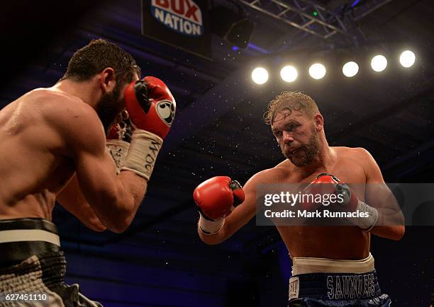 Billy Joe Saunders of England , takes on Artur Akavov of Russia , during the defence of his WBO Middleweight title at the Paisley Lagoon Centre on...