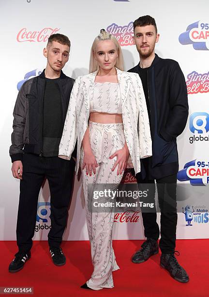 Luke Patterson, Grace Chatto and Jack Patterson from Clean Bandit attends Capital's Jingle Bell Ball with Coca-Cola at the 02 Arena on December 3,...