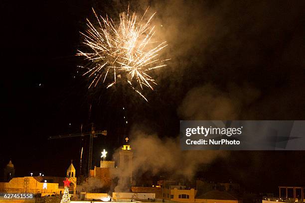 Hundreds of Palestinians involved in the Christmas tree lighting ceremony downtown Bethlehem, West Bank, on 3 December 2016 in preparation for the...