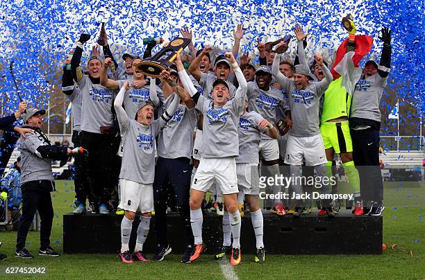 Wingate University celebrates their Division II Men's Soccer Championship held at Childrens Mercy Victory Field at Swope Soccer Village on December...