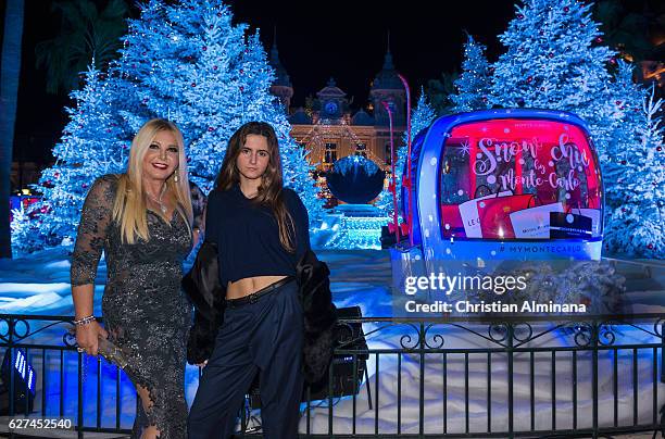 Lady Monika Del Campo Bacardi of Bayfield Hall and her daughter Maria Luisa pose at Monte Carlo Casino square as they are going to attend the Monaco...