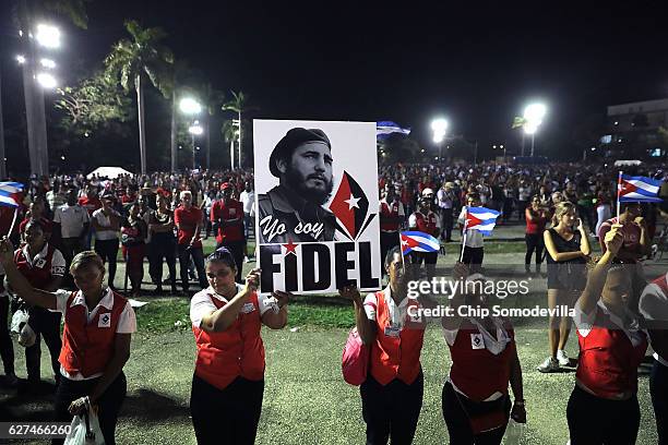 Thousands of people gather in Revolution Plaza for a memorial event for former Cuban President Fidel Castro December 3, 2016 in Santiago de Cuba,...