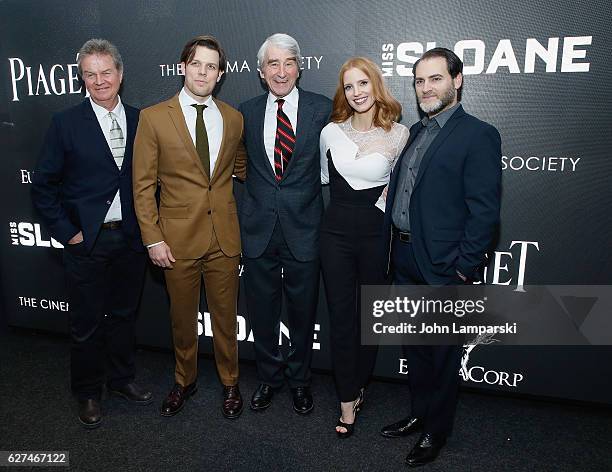 Director John Madden, Jake Lacy, Sam Waterston, Jessica Chastain and Michael Stuhlbarg attend Cinema Society "Miss Sloane" screening at SAG-AFTRA...