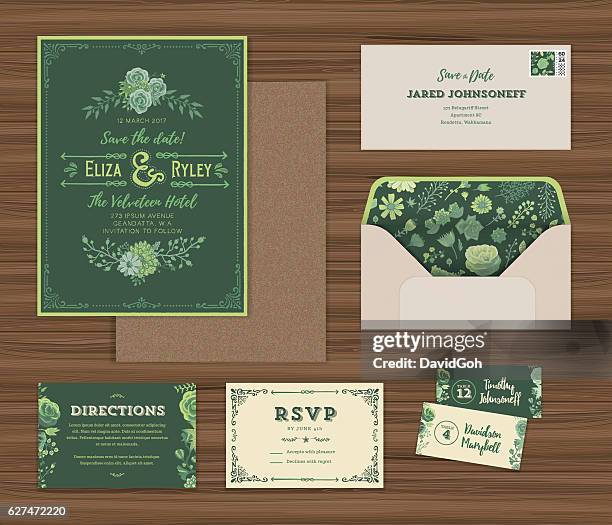 floral wedding invitation template set - envelope template stock illustrations