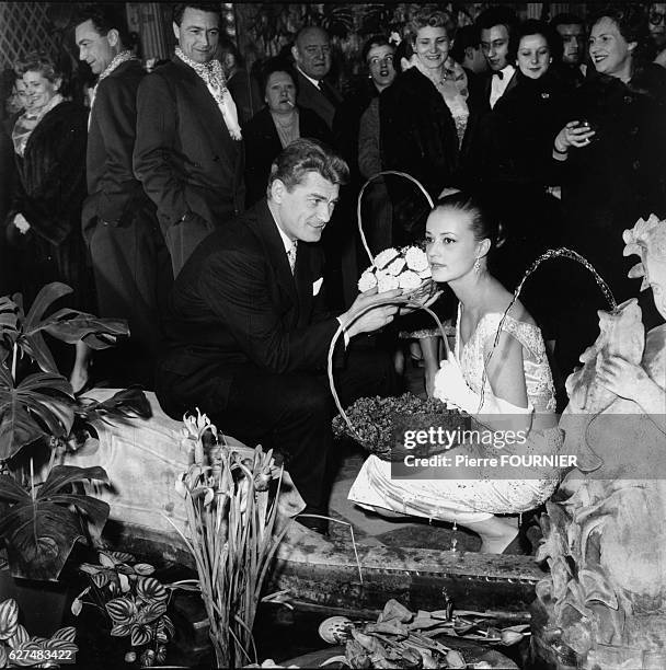French actors Jeanne Moreau and Jean Marais at Bouffes Parisiens theatre after the play 'L'Aigle a deux tetes'.