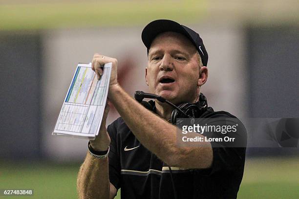 Head coach Paul Petrino of the Idaho Vandals calls a play during second half action against the Georgia State Panthers on December 3, 2016 at the...