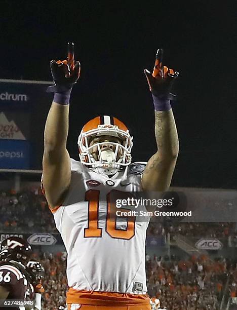 Jordan Leggett of the Clemson Tigers celebrates a touchdown during the ACC Championship game against the Virginia Tech Hokies on December 3, 2016 in...