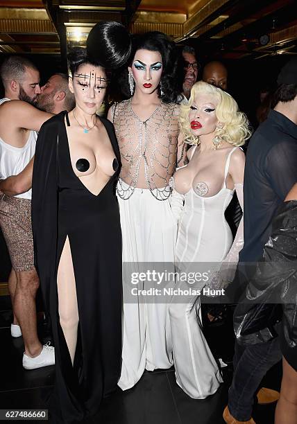 Susanne Bartsch, Violet Chachki, and Amanda Lepore attend the August Getty 305 cocktail party with hosts August Getty and Susanne Bartsch at Saxony...