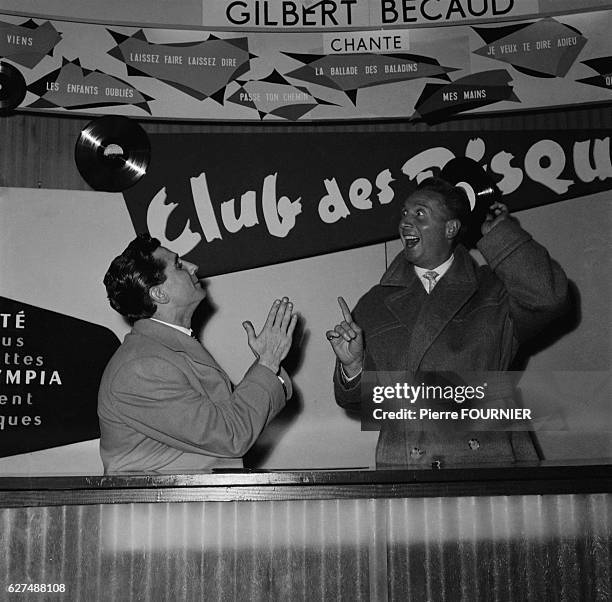 French singer Gilbert Becaud and Charles Trenet at Paris Olympia concert hall.