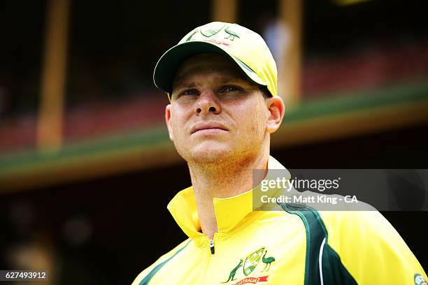 Australia captain Steve Smith prepares to take the field during game one of the One Day International series between Australia and New Zealand at...