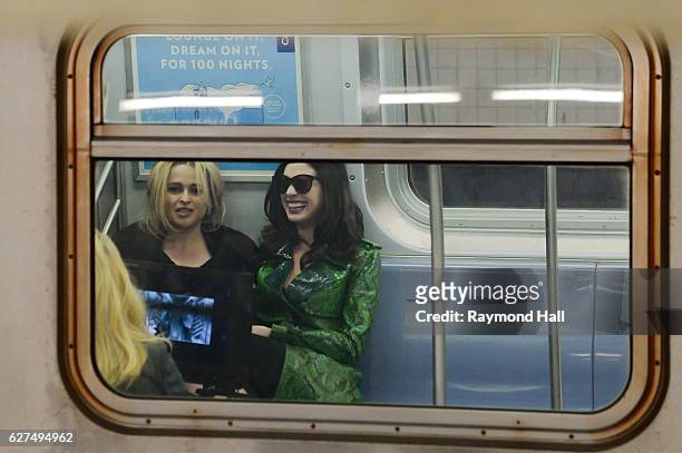 Actress Anne Hathaway and Helena Bonham Carter are seen set of Ocean's Eight in Brooklyn on December 3, 2016 in New York City.