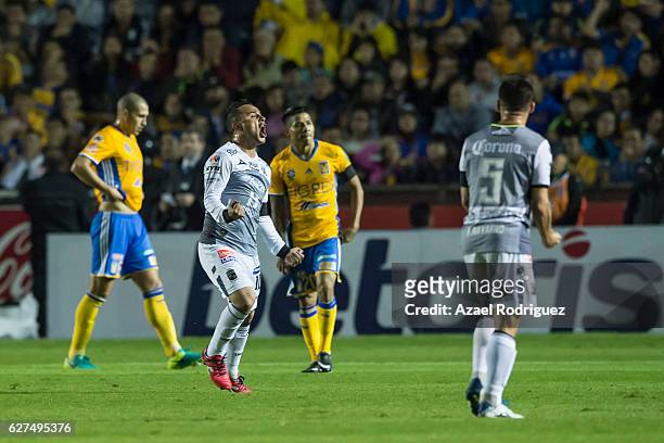 Luis Montes of Leon celebrates after scoring his team's first goal during the semifinals second leg match between Tigres UANL and Leon as part of the...