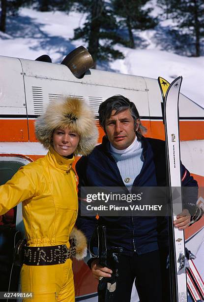 Mirja and Gunter Sachs at the Swiss ski resort of St.-Moritz. Gunter Sachs was a German millionaire and former husband of French actress Brigitte...