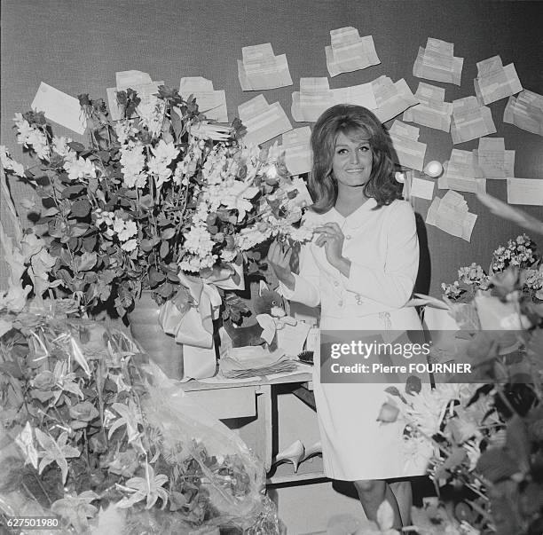 Egyptian-born singer Dalida in her dressing-room at the Olympia concert hall.