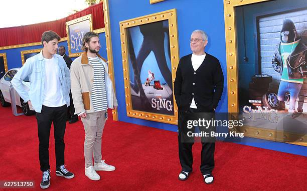 Vice Chairman of NBCUniversal Ron Meyer and his son Eli Meyer and guest attend the premiere of Universal Pictures' 'Sing' at Microsoft Theater on...