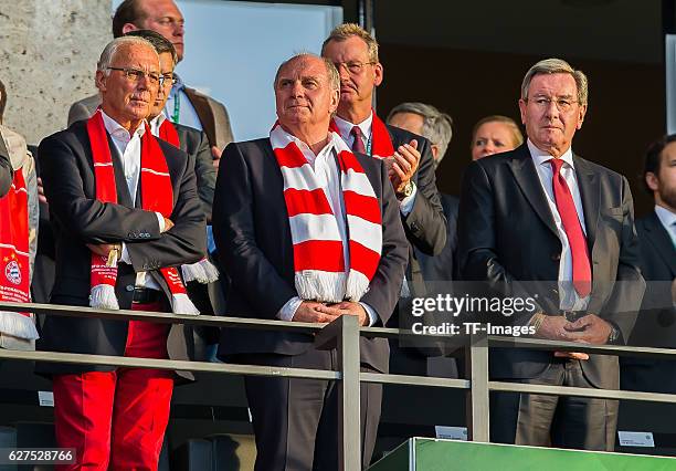 Franz Beckenbauer, Uli Hoeness, Karl Hopfner look on during the DFB Cup Final 2016 between Bayern Muenchen and Borussia Dortmund at Olympiastadion on...