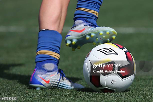 Close up of the boots and ball during the round five W-League match between the Newcastle Jets and Sydney FC at McDonald Jones Stadium on December 4,...