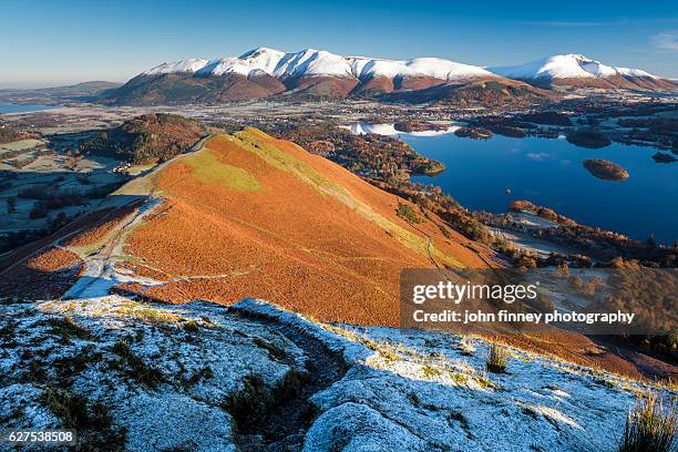 snow capped mountains in the english lake district national park. uk. - keswick stock pictures, royalty-free photos & images