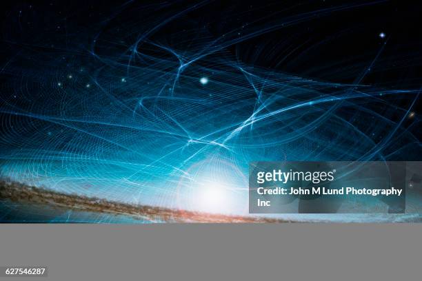 light trails in sky over lake - data lake stock pictures, royalty-free photos & images