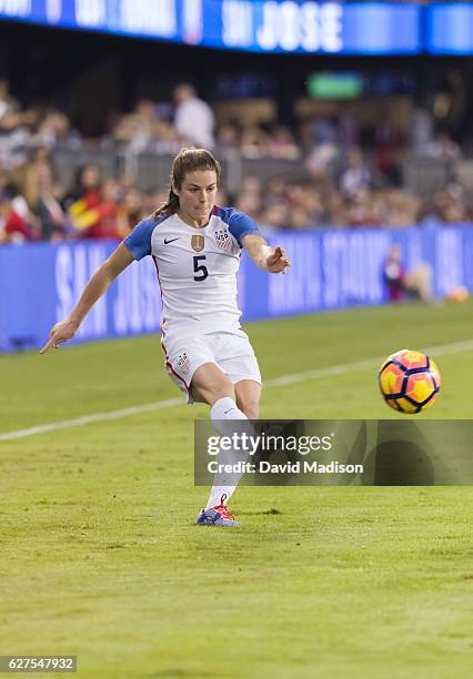 Kelley O'Hara of the USA plays in a soccer game against Romania on November 10, 2016 at Avaya Stadium in San Jose, California.