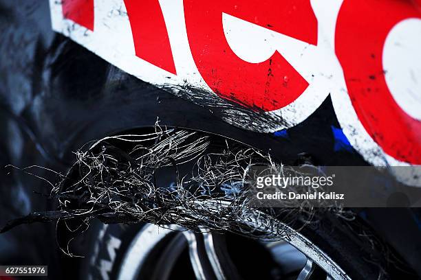 The blown out tyre of Shane Van Gisbergen driver of the Red Bull Racing Australia Holden Commodore VF is pictured after race 29 for the Sydney 500,...