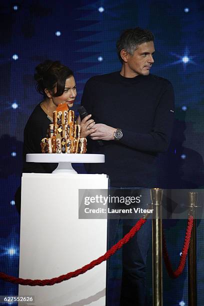 Presenter Anais Baydemir and Pastry chef Christophe Adam attends 30th Telethon at Hippodrome de Longchamp on December 3, 2016 in Paris, France.