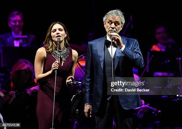 Singers Katharine McPhee and Andrea Bocelli perform at MGM Grand Garden Arena as he kicks off his U.S. Tour on December 3, 2016 in Las Vegas, Nevada.