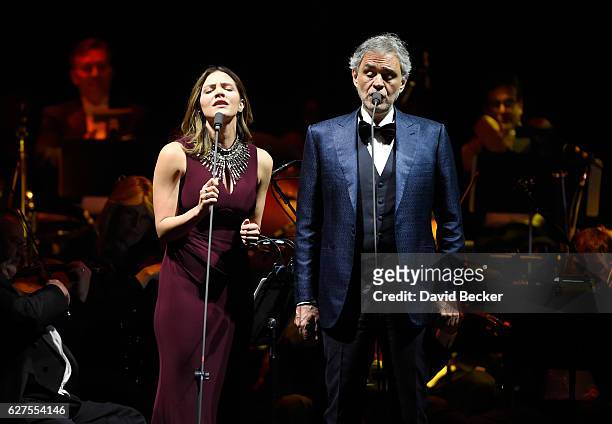 Singers Katharine McPhee and Andrea Bocelli perform at MGM Grand Garden Arena as he kicks off his U.S. Tour on December 3, 2016 in Las Vegas, Nevada.