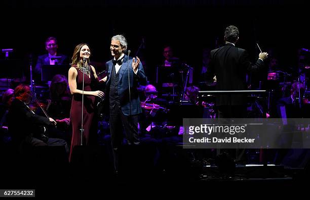 Singers Katharine McPhee and Andrea Bocelli perform at MGM Grand Garden Arena as he kicks off his U.S. Tour on December 3, 2016 in Las Vegas, Nevada.