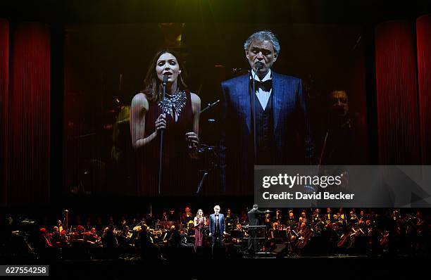 Singers Katharine McPhee and Andrea Bocelli perform at MGM Grand Garden Arena as he kicks off his U.S. Tour on December 3, 2016 in Las Vegas, Nevada.