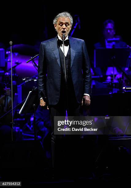 Singer Andrea Bocelli performs at MGM Grand Garden Arena as he kicks off his U.S. Tour on December 3, 2016 in Las Vegas, Nevada.