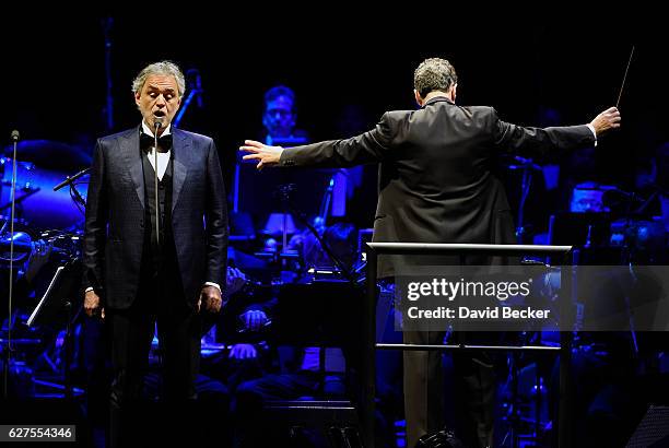 Singer Andrea Bocelli and conductor Eugene Kohn perform at MGM Grand Garden Arena as Bocelli kicks off his U.S. Tour on December 3, 2016 in Las...