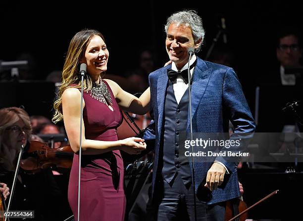 Singers Katharine McPhee and Andrea Bocelli perform at MGM Grand Garden Arena as he kicks off his U.S. Tour on December 3, 2016 in Las Vegas, Nevada.