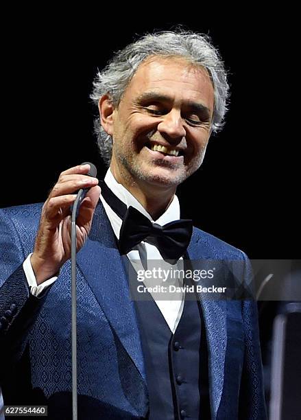 Singer Andrea Bocelli performs at MGM Grand Garden Arena as he kicks off his U.S. Tour on December 3, 2016 in Las Vegas, Nevada.