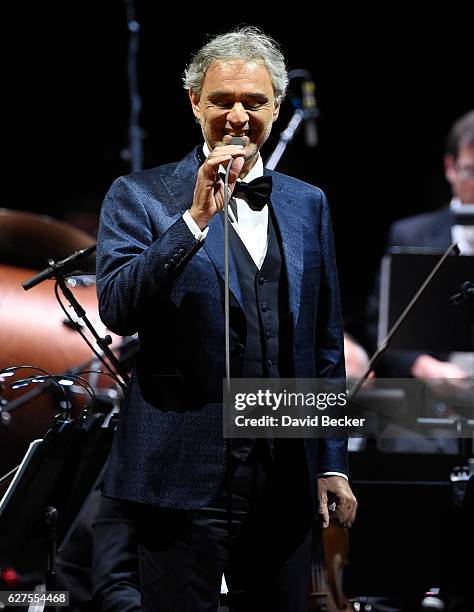 Singer Andrea Bocelli performs at MGM Grand Garden Arena as he kicks off his U.S. Tour on December 3, 2016 in Las Vegas, Nevada.