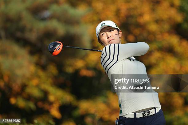 Ayaka Watanabe of Japan hits her tee shot on the 2nd hole during the final round of the THE QUEENS Presented By KOWA at the Miyoshi Country Club West...