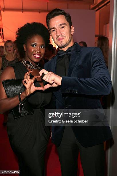 Motsi Mabuse and her boyfriend Evgenij Voznyuk are seen during the Ein Herz Fuer Kinder reception at Adlershof Studio on December 3, 2016 in Berlin,...