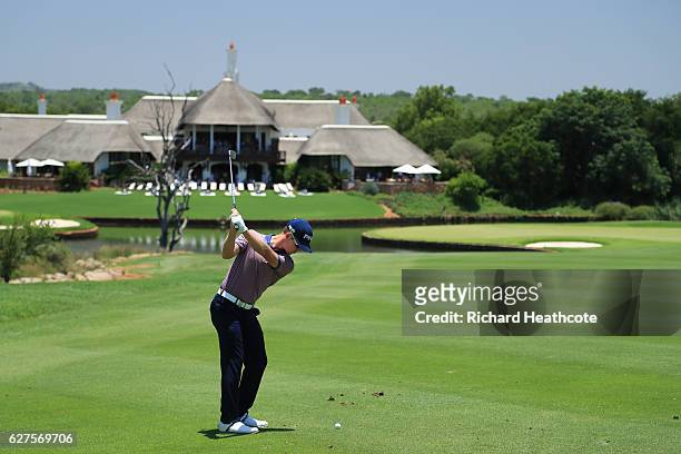 Brandon Stone of South Africa plays his second shot on the 9th during the final round of The Alfred Dunhill Championship at Leopard Creek Country...
