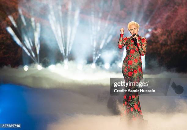 Lady Gaga performs during the annual Victoria's Secret fashion show at Grand Palais on November 30, 2016 in Paris, France.