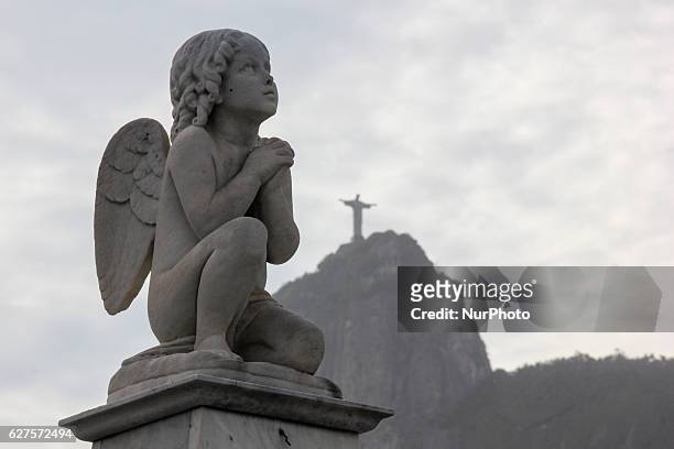 Angel sculpture in the cemetery overlooking the Christ the Redeemer. Body of journalist Guilherme Van Der Laars, from TV Globo, is buried in the São...