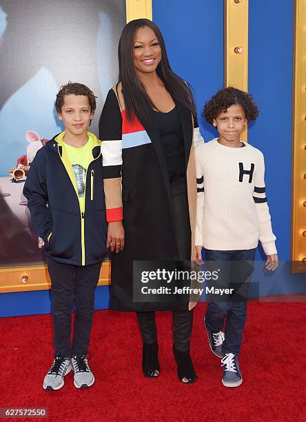 Actress Garcelle Beauvais and sons Jaid Thomas Nilon and Jax Joseph Nilon arrive at the Premiere Of Universal Pictures' 'Sing' at the Microsoft...