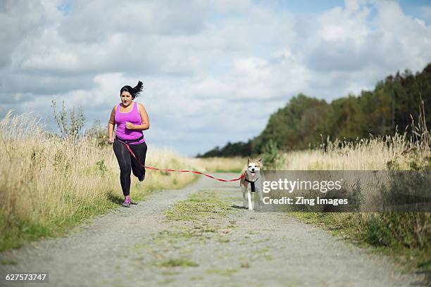 woman running with dog - chubby foto e immagini stock