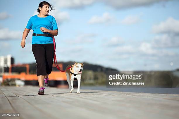 woman running with dog - chubby arab stock pictures, royalty-free photos & images